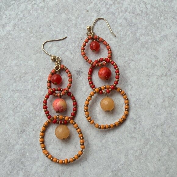 Vintage 1990s Chico’s Beaded Loop Dangle Earrings Red Orange Brass Statement - Picture 6 of 6